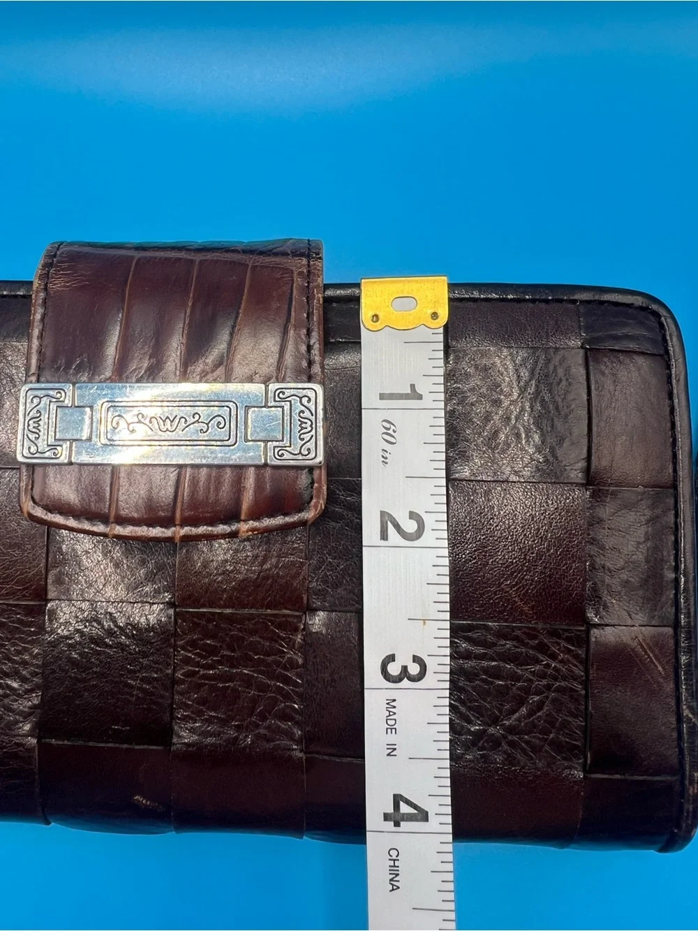 VTG Brighton Giverny Chocolate Brown Leather Basket Weave Wallet Clutch